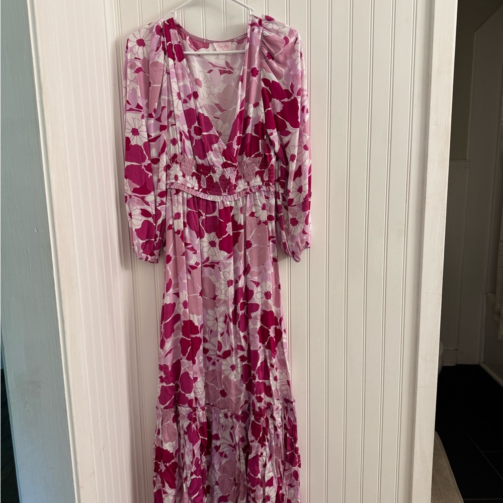 Pink Lily Multicolored Maxi Dress with Plunge Neckline and Bishop Sleeves